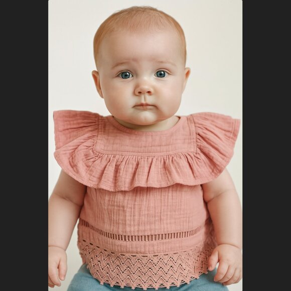 Jessica Simpson Baby Girl 3-6M Cotton Coral Pink Ruffle Yoke Eyelet Lace Top NWT - Picture 1 of 11